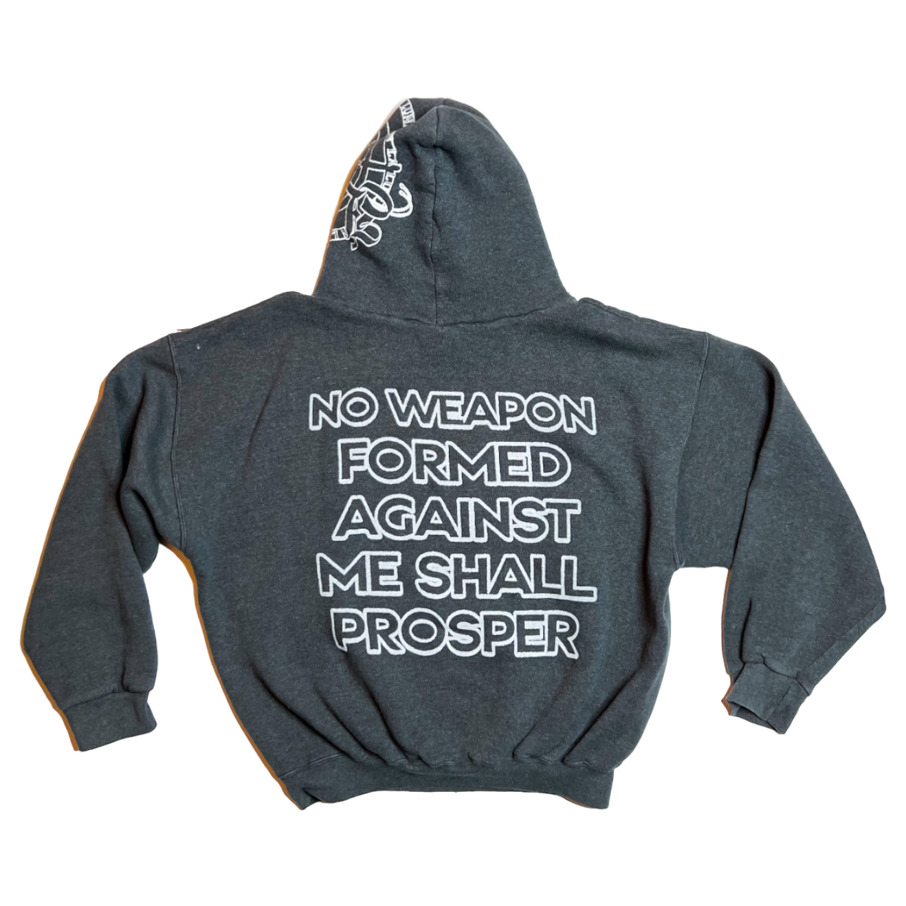 Grey "No Weapon Against Me Shall Prosper" + "Hood Logo" Hoody